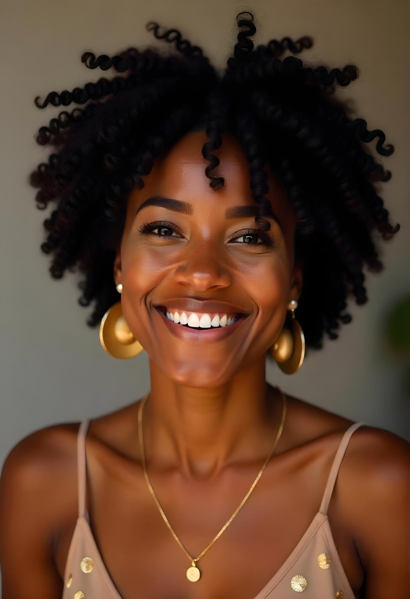 A Young Black Woman With Curly Dark Hair And A Warm Friendly Smile 9 C49f