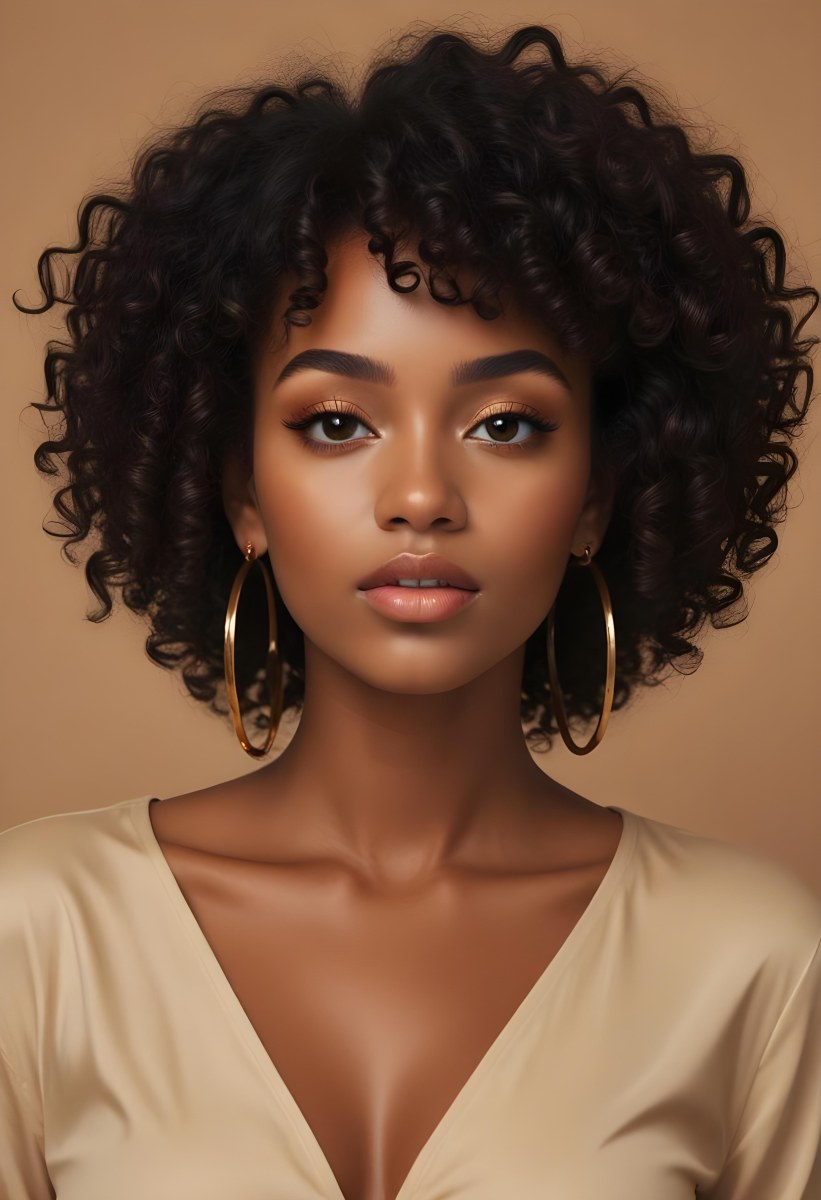 A Young Black Woman With Curly Dark Hair Wearing A Beige Top Looking Directly At The Camera With A Serious Expression 4 D352