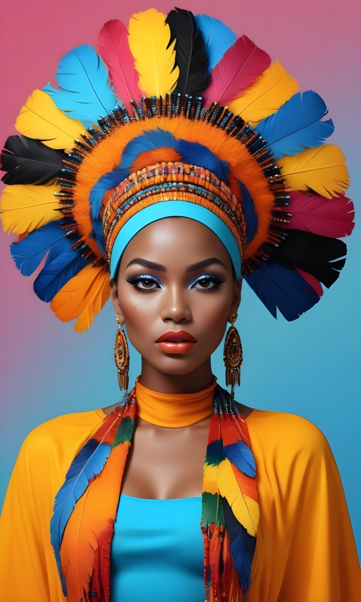 A Young Black Woman With Dark Skin Wearing A Colorful Feathered Headdress And Matching Jewelry Against A Vibrant Blue Background 1 B14e