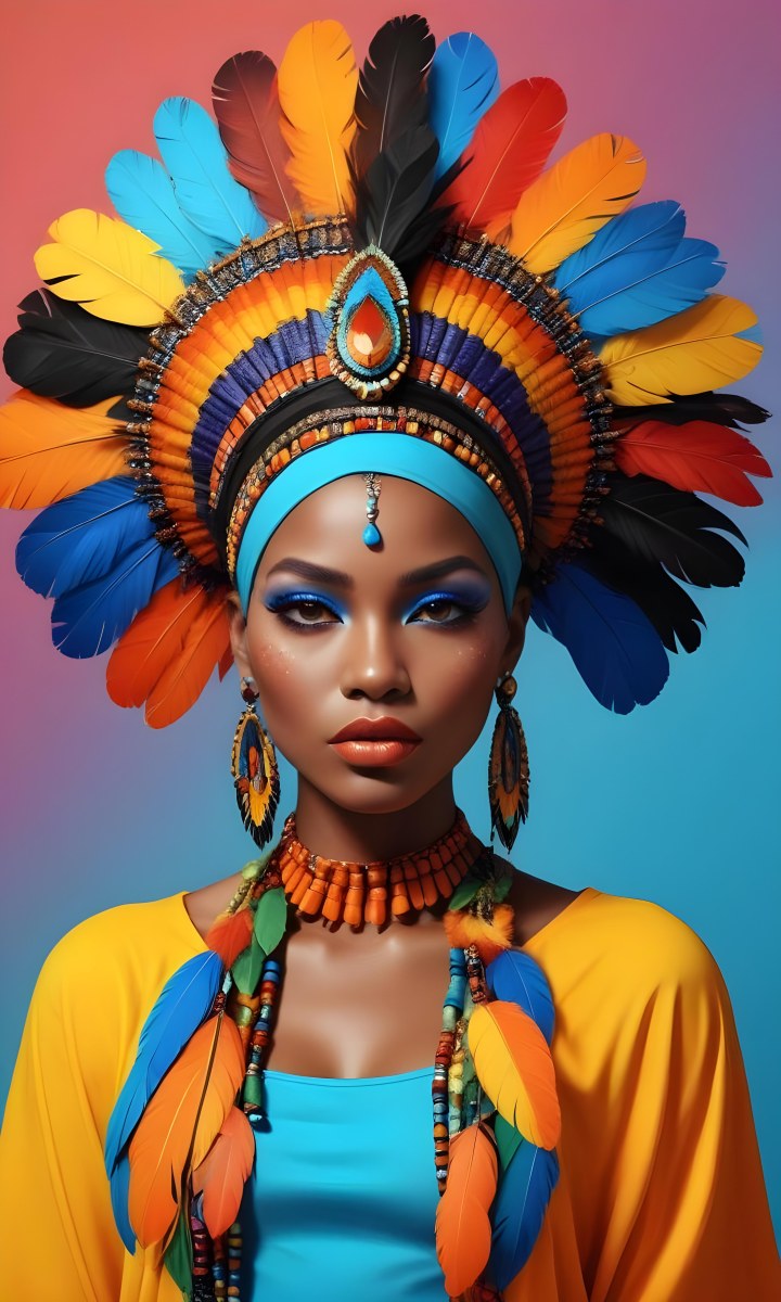 A Young Black Woman With Dark Skin Wearing A Colorful Feathered Headdress And Matching Jewelry Against A Vibrant Blue Background 2 70ac