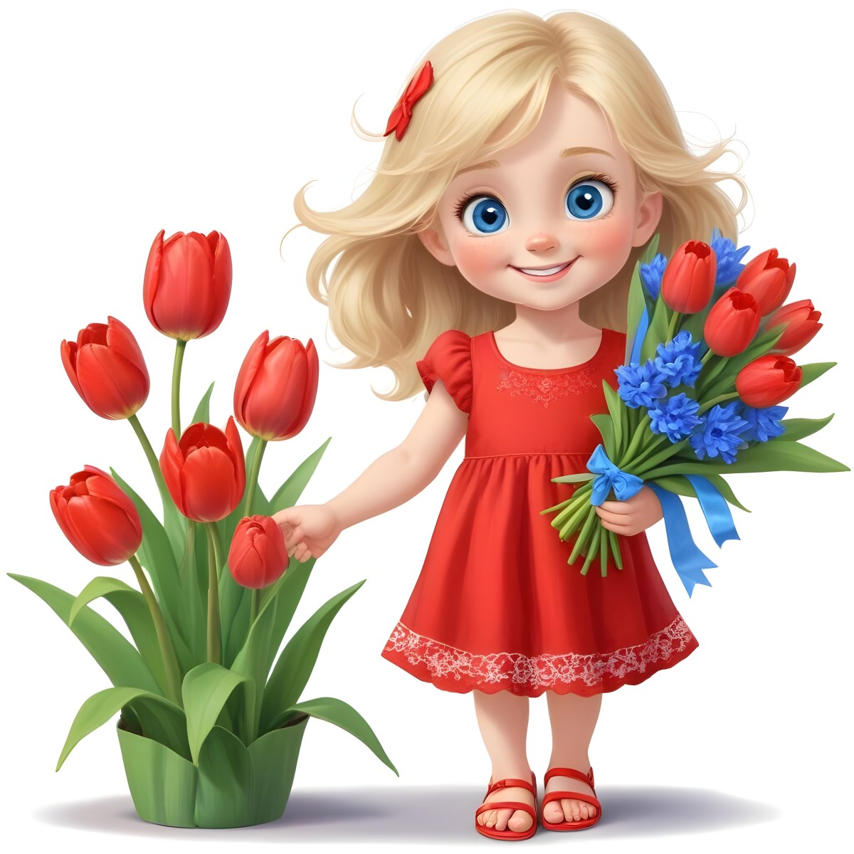 A Young Blonde Girl With Big Blue Eyes Wearing A Red Dress Holding A Bouquet Of Red Tulips In Front Of A Garden With More Tulips 52 768c