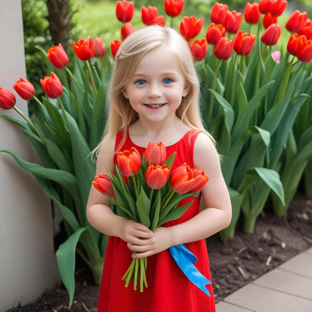 A Young Blonde Girl With Big Blue Eyes Wearing A Red Dress Holding A Bouquet Of Red Tulips In Front Of A Garden With More Tulips 55 5012
