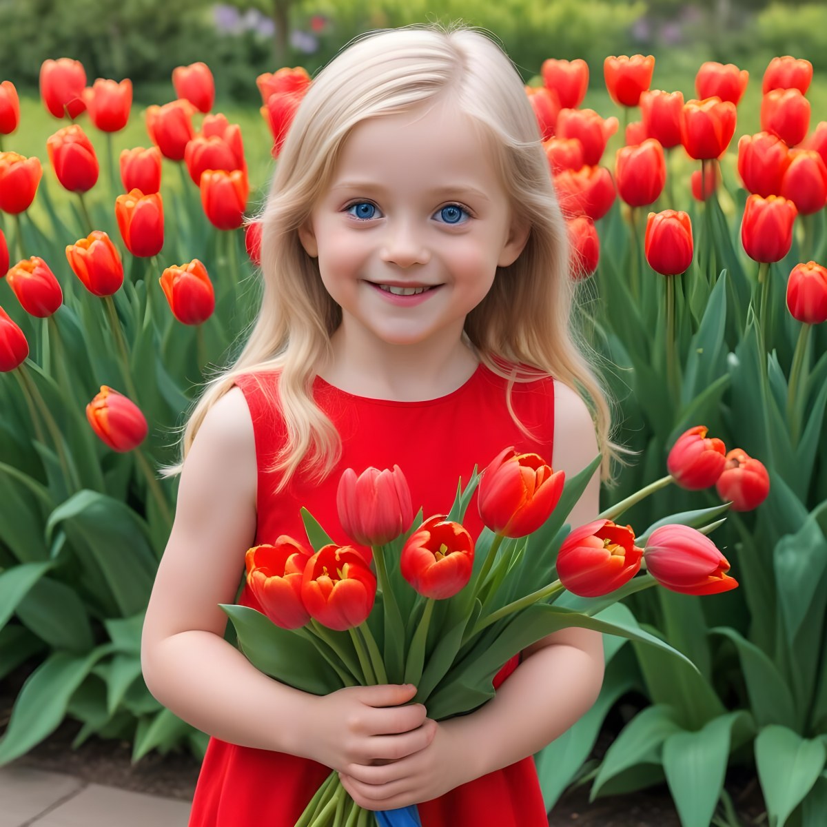 A Young Blonde Girl With Big Blue Eyes Wearing A Red Dress Holding A Bouquet Of Red Tulips In Front Of A Garden With More Tulips 57 92fe