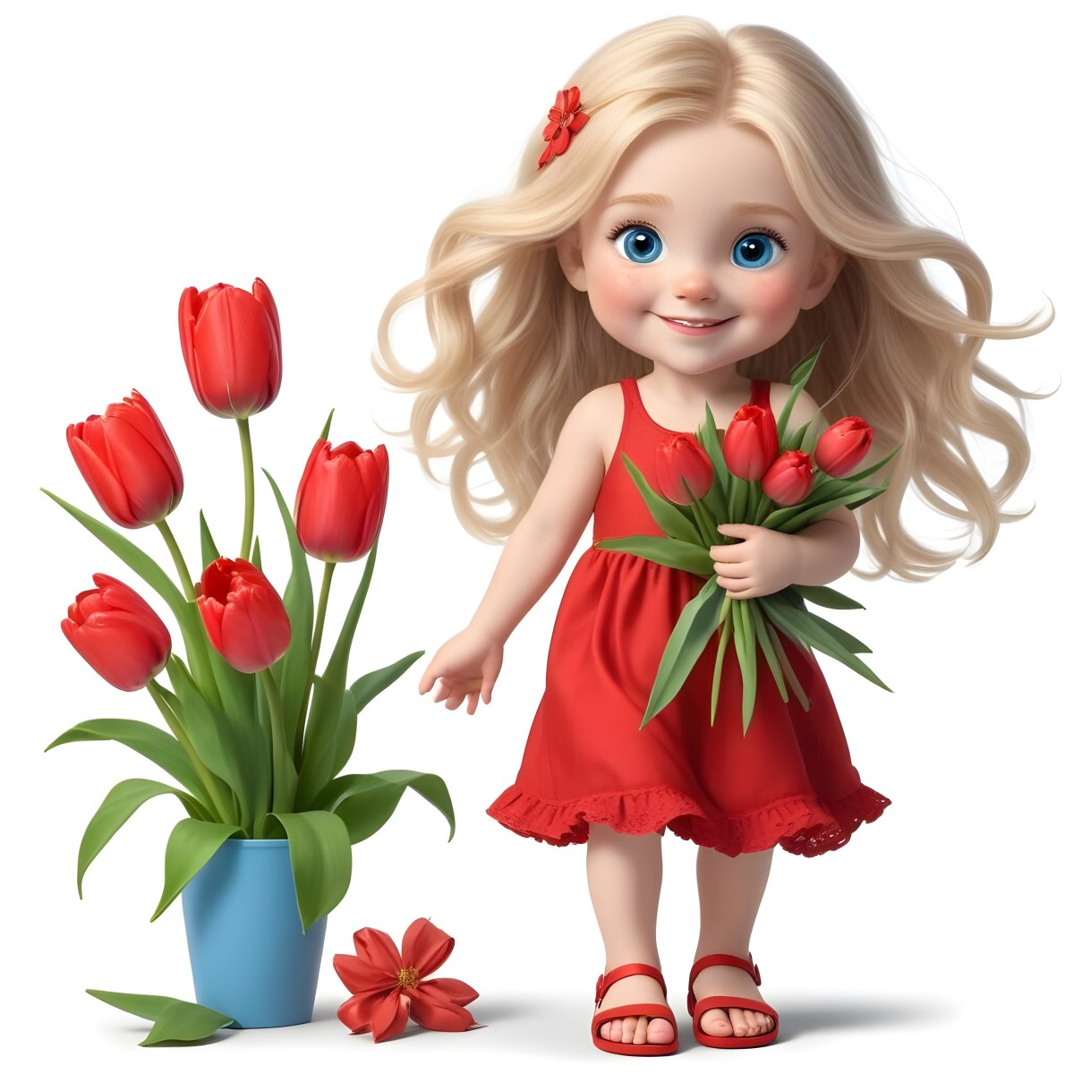 A Young Blonde Girl With Big Blue Eyes Wearing A Red Dress Holding A Bouquet Of Red Tulips In Front Of A Garden With More Tulips 62 1cbe