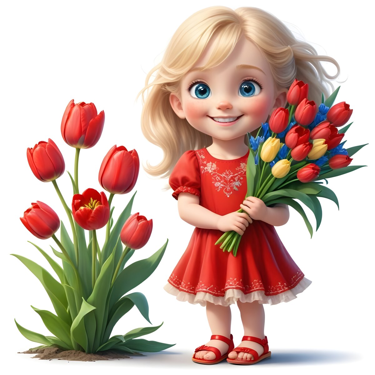 A Young Blonde Girl With Big Blue Eyes Wearing A Red Dress Holding A Bouquet Of Red Tulips In Front Of A Garden With More Tulips 70 Baf6