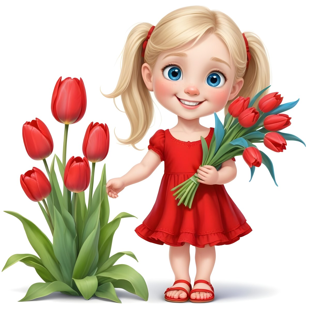 A Young Blonde Girl With Big Blue Eyes Wearing A Red Dress Holding A Bouquet Of Red Tulips In Front Of A Garden With More Tulips 72 Df85