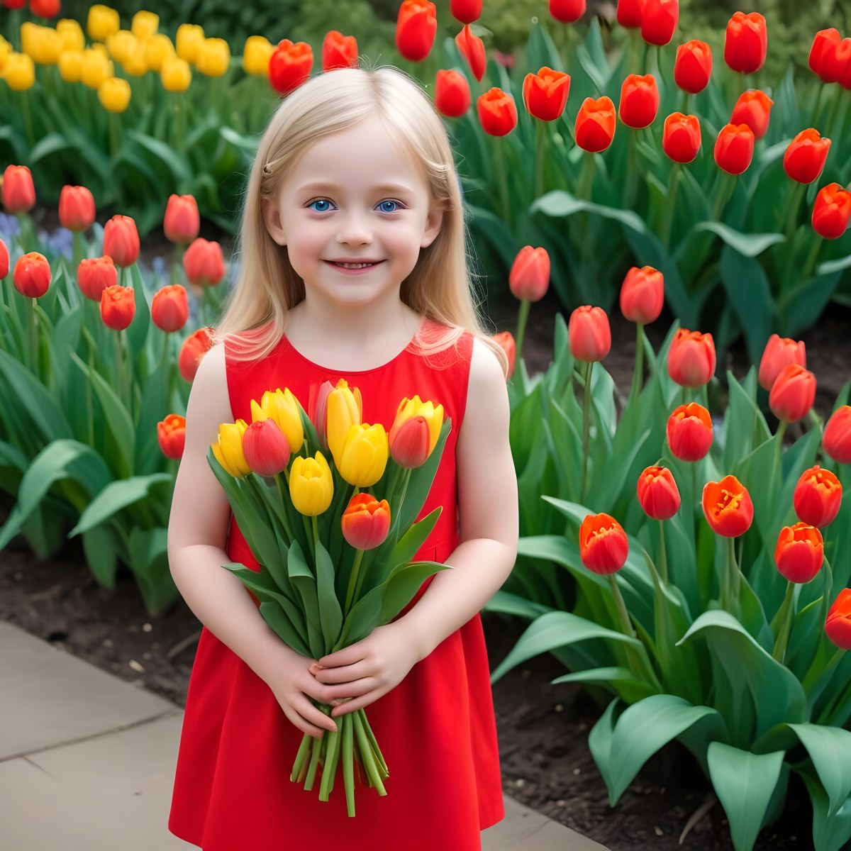 A Young Blonde Girl With Big Blue Eyes Wearing A Red Dress Holding A Bouquet Of Red Tulips In Front Of A Garden With More Tulips 74 B4c1