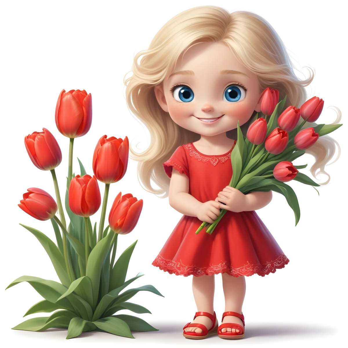 A Young Blonde Girl With Big Blue Eyes Wearing A Red Dress Holding A Bouquet Of Red Tulips In Front Of A Garden With More Tulips 88 B919