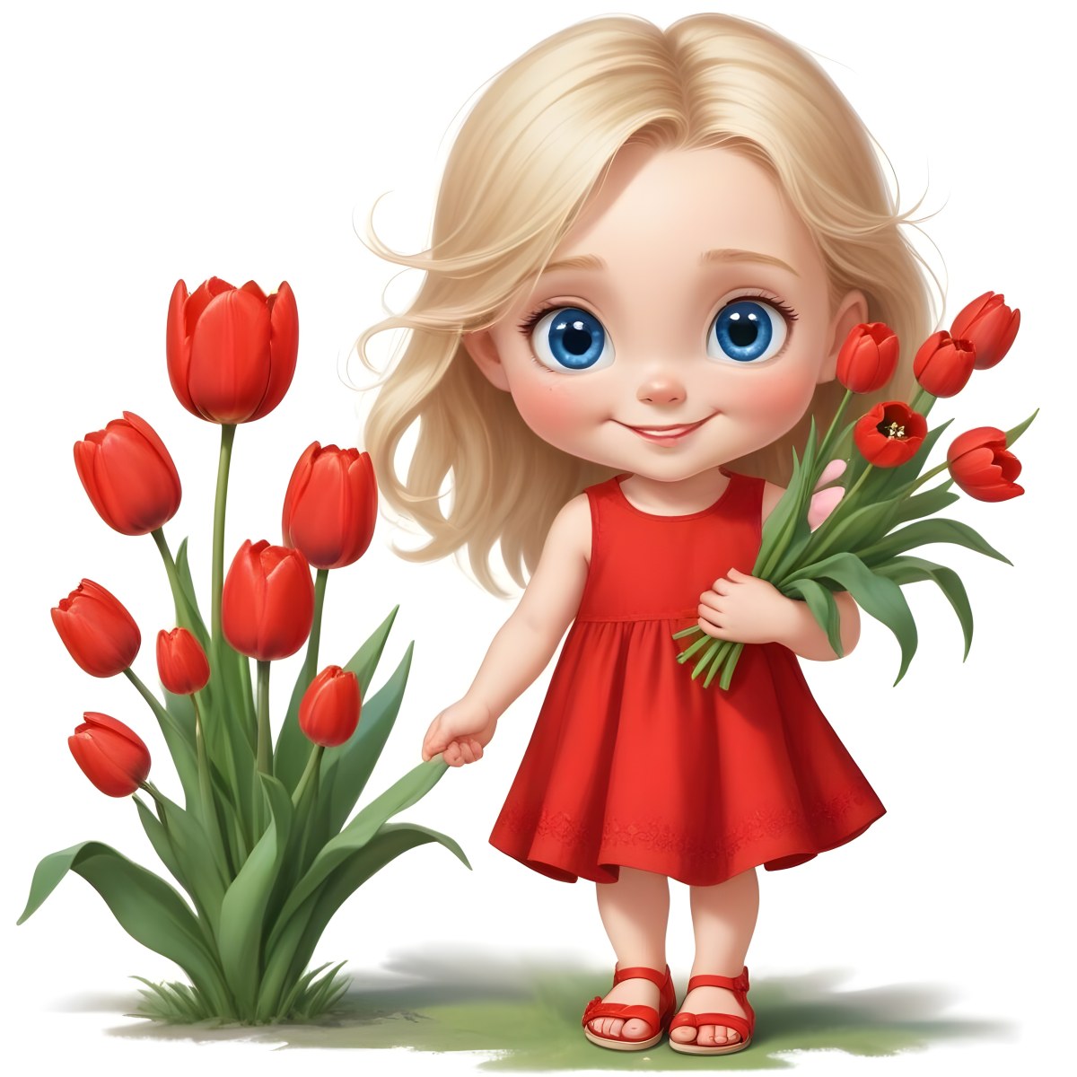 A Young Blonde Girl With Big Blue Eyes Wearing A Red Dress Holding A Bouquet Of Red Tulips In Front Of A Garden With More Tulips 91 440f