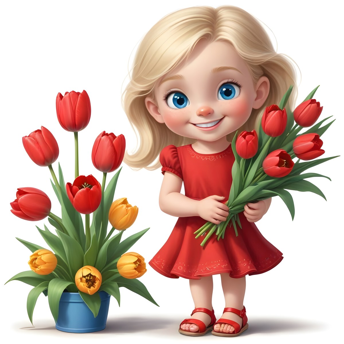 A Young Blonde Girl With Big Blue Eyes Wearing A Red Dress Holding A Bouquet Of Red Tulips In Front Of A Garden With More Tulips 93 Efe1