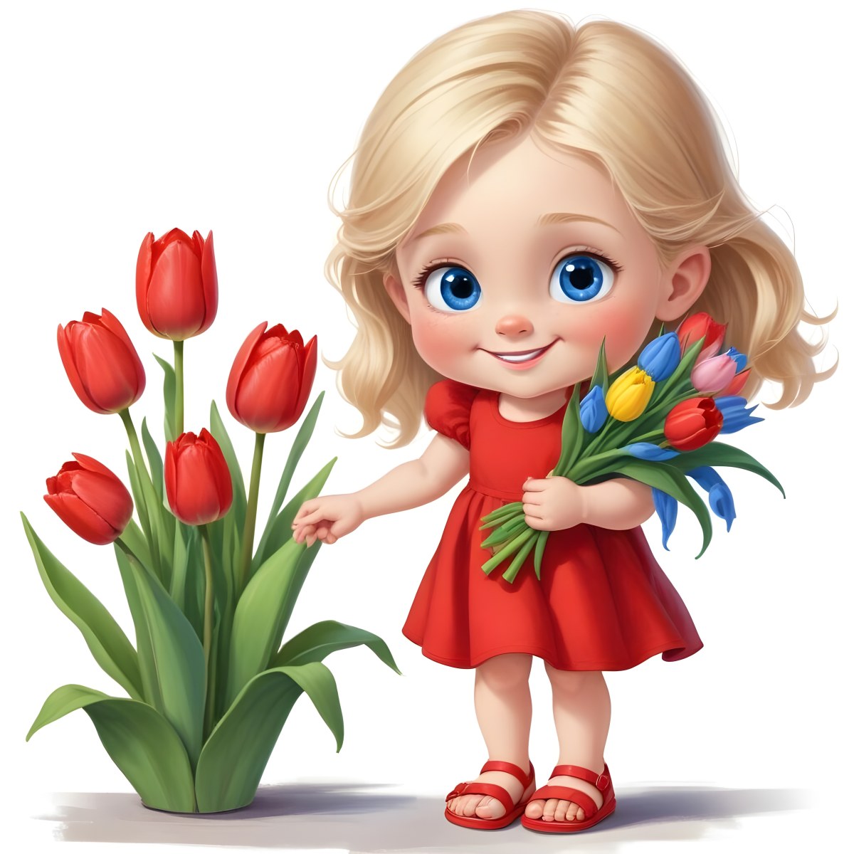 A Young Blonde Girl With Big Blue Eyes Wearing A Red Dress Holding A Bouquet Of Red Tulips In Front Of A Garden With More Tulips 97 Fe43