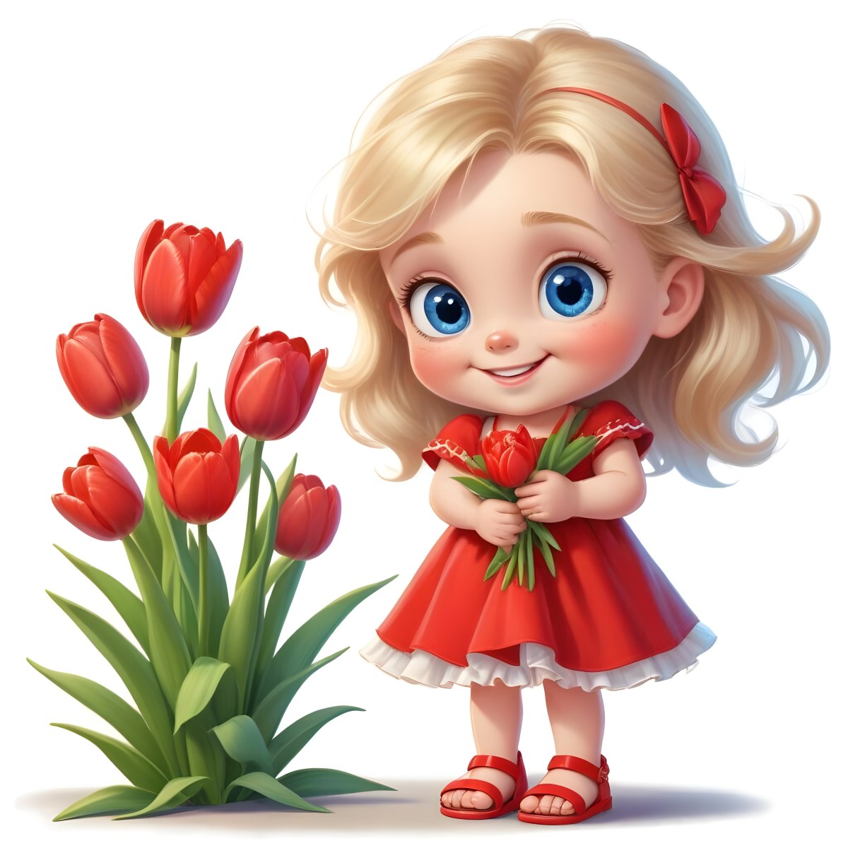 A Young Blonde Girl With Big Blue Eyes Wearing A Red Dress Holding A Bouquet Of Red Tulips In Front Of A Garden With More Tulips 99 31b6