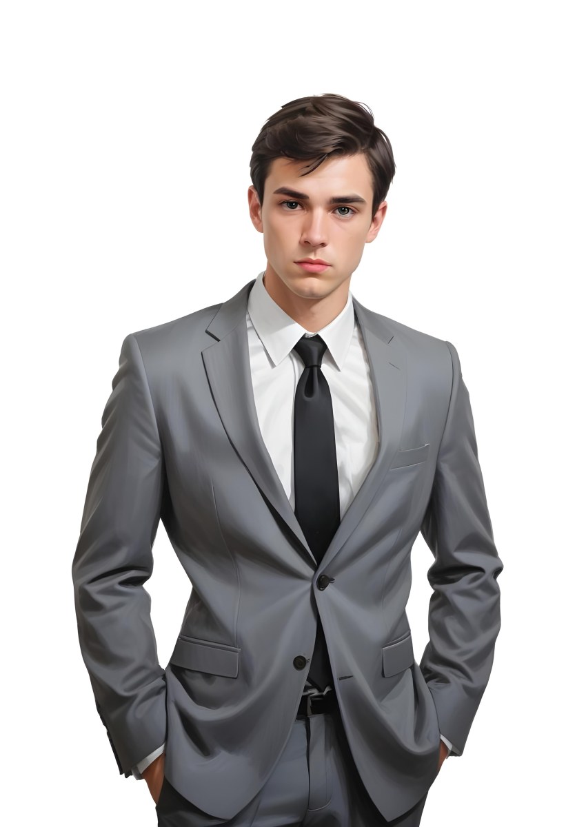 A Young Caucasian Male Approximately 25 Years Old With Short Black Hair Wearing A Gray Suit With A White Dress Shirt And A Black Tie He Has A Serious Expression And Is Standing With His Hands On His Hips Against A Pl 11 314e