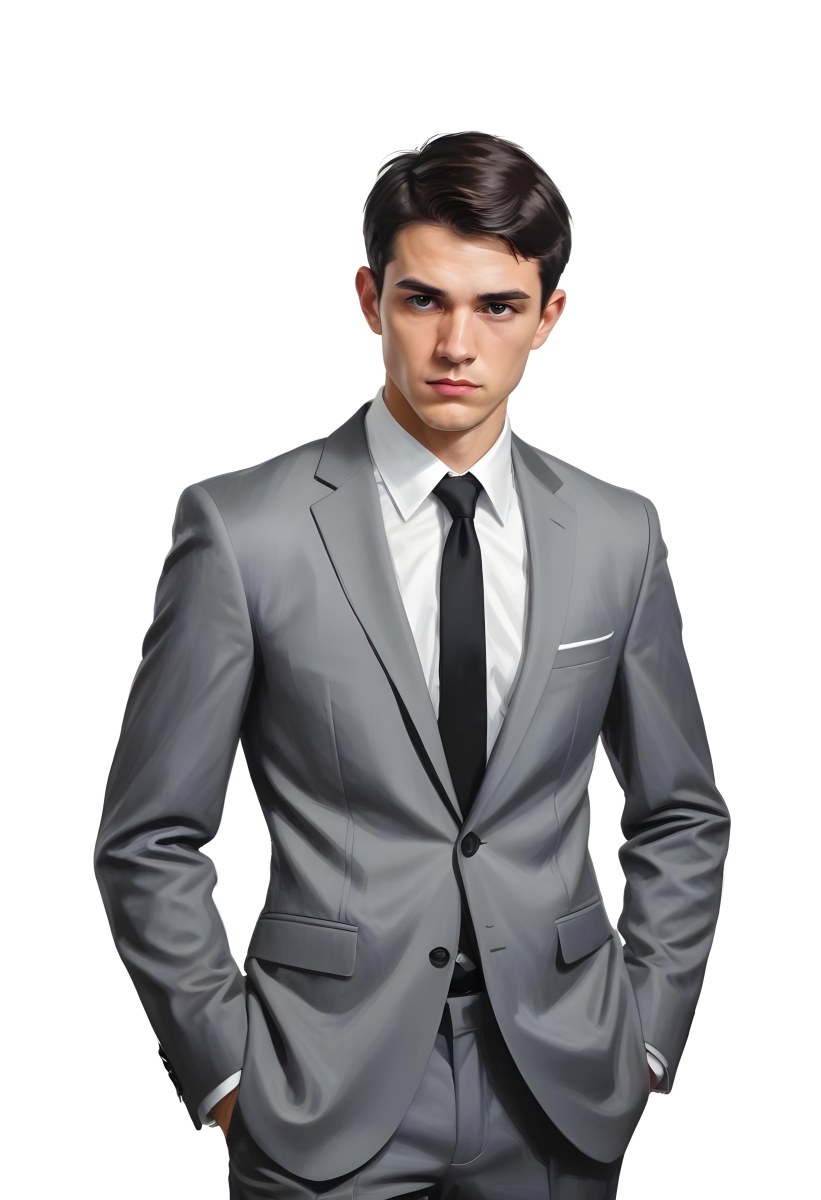 A Young Caucasian Male Approximately 25 Years Old With Short Black Hair Wearing A Gray Suit With A White Dress Shirt And A Black Tie He Has A Serious Expression And Is Standing With His Hands On His Hips Against A Pl 15 9161