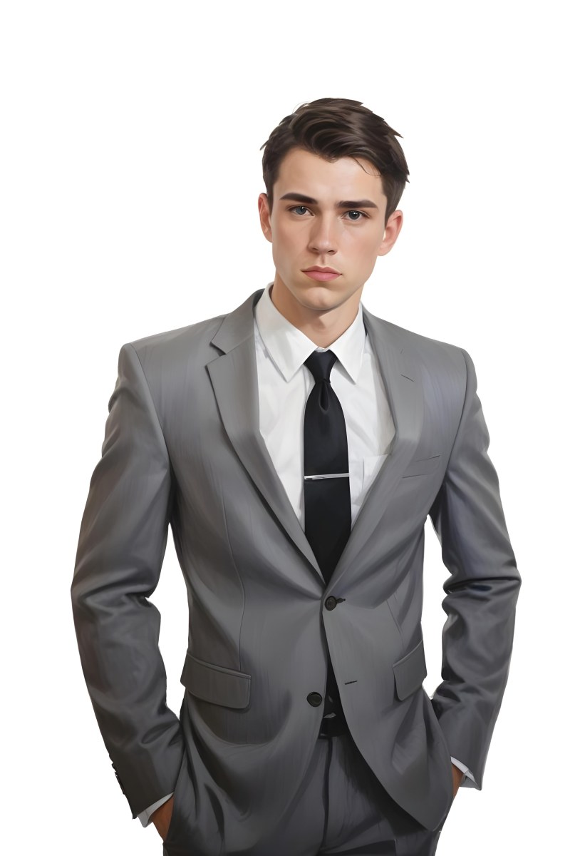 A Young Caucasian Male Approximately 25 Years Old With Short Black Hair Wearing A Gray Suit With A White Dress Shirt And A Black Tie He Has A Serious Expression And Is Standing With His Hands On His Hips Against A Pl 20 E445