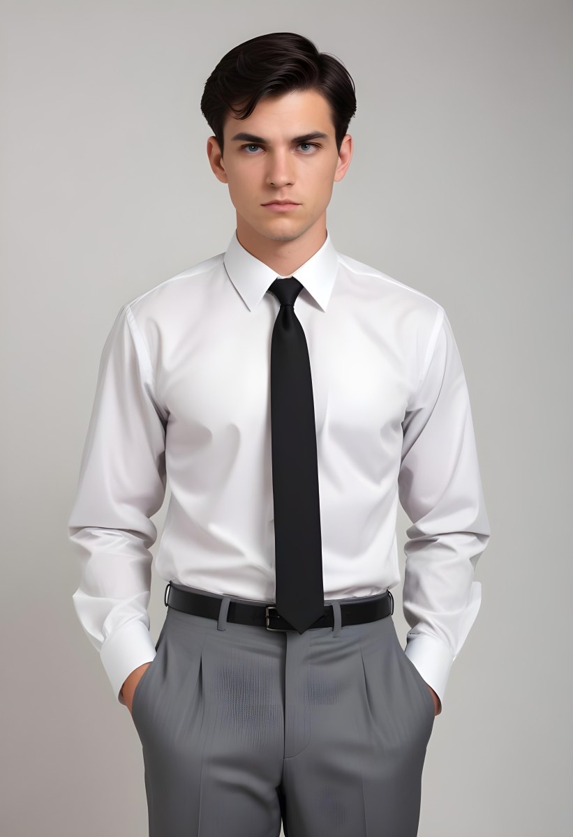A Young Caucasian Male Approximately 25 Years Old With Short Black Hair Wearing A Gray Suit With A White Dress Shirt And A Black Tie He Has A Serious Expression And Is Standing With His Hands On His Hips Against A Pl 28 F089