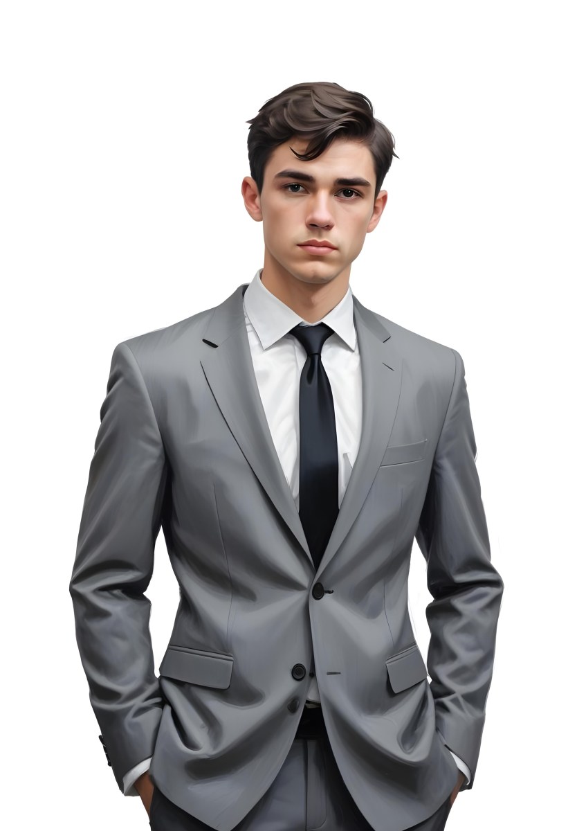 A Young Caucasian Male Approximately 25 Years Old With Short Black Hair Wearing A Gray Suit With A White Dress Shirt And A Black Tie He Has A Serious Expression And Is Standing With His Hands On His Hips Against A Pl 3 1684