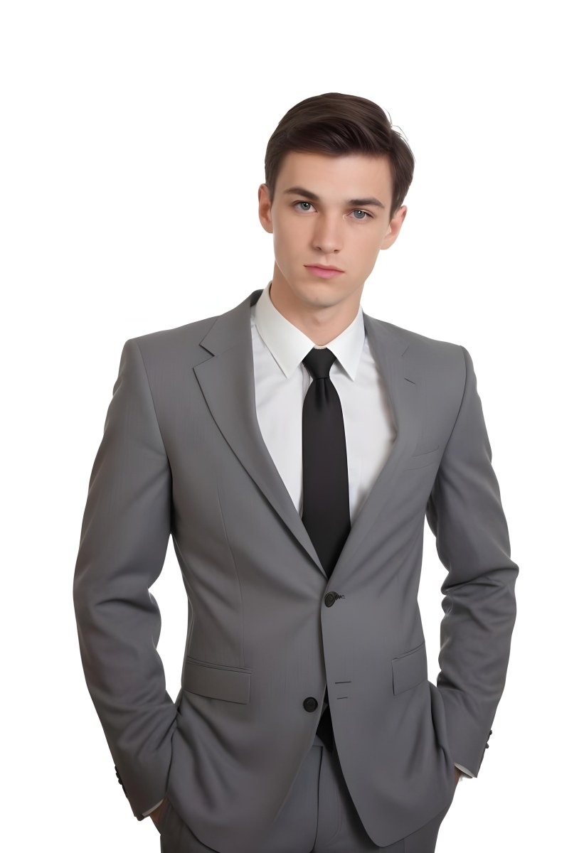 A Young Caucasian Male Approximately 25 Years Old With Short Black Hair Wearing A Gray Suit With A White Dress Shirt And A Black Tie He Has A Serious Expression And Is Standing With His Hands On His Hips Against A Pl 33 A897