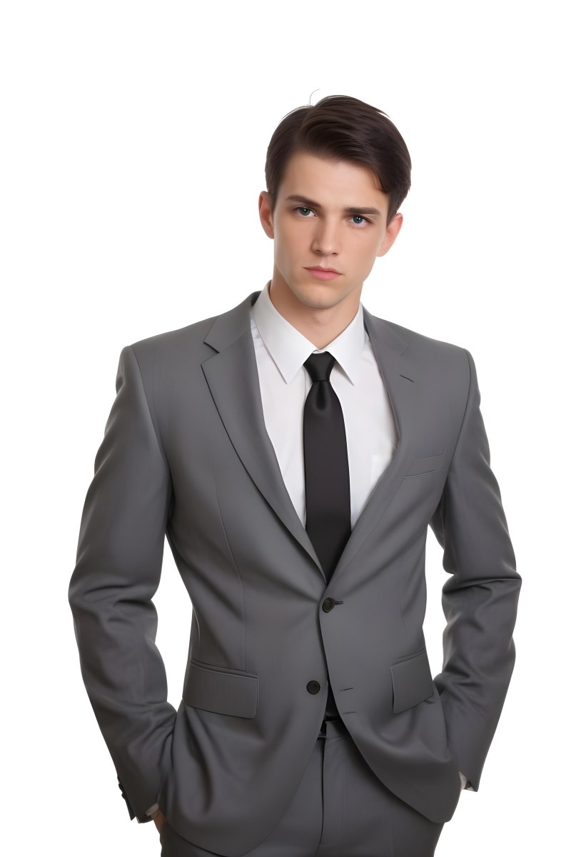 A Young Caucasian Male Approximately 25 Years Old With Short Black Hair Wearing A Gray Suit With A White Dress Shirt And A Black Tie He Has A Serious Expression And Is Standing With His Hands On His Hips Against A Pl 37 9f55