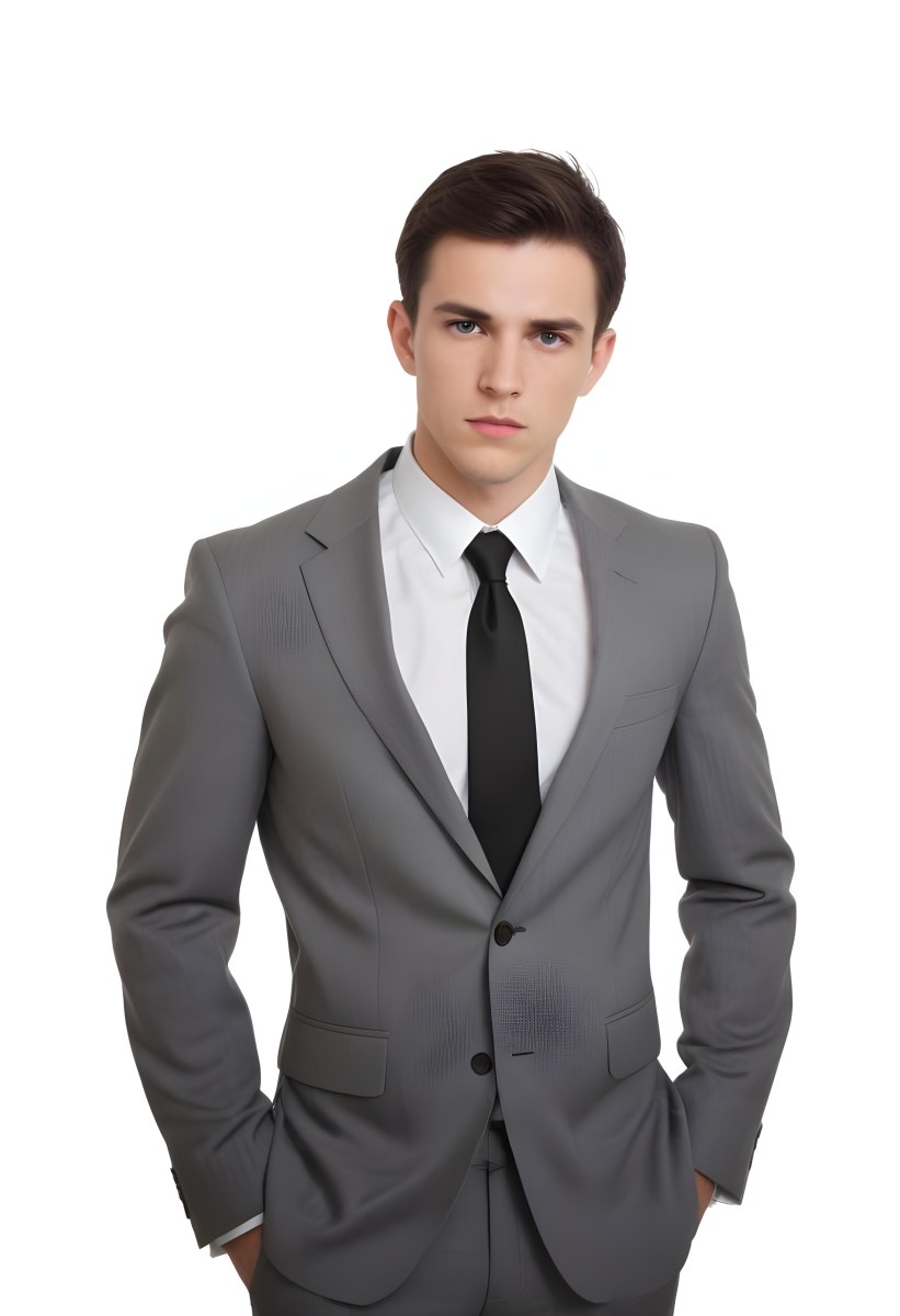 A Young Caucasian Male Approximately 25 Years Old With Short Black Hair Wearing A Gray Suit With A White Dress Shirt And A Black Tie He Has A Serious Expression And Is Standing With His Hands On His Hips Against A Pl 40 7a40