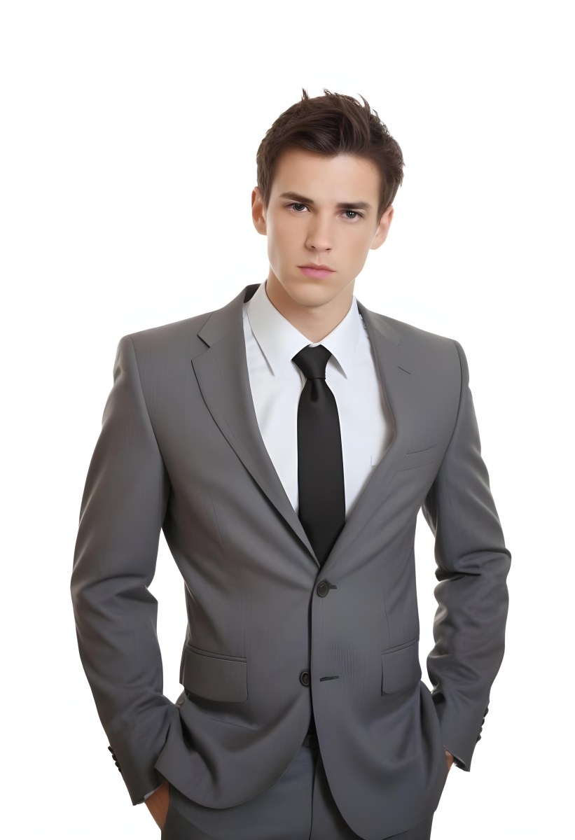 A Young Caucasian Male Approximately 25 Years Old With Short Black Hair Wearing A Gray Suit With A White Dress Shirt And A Black Tie He Has A Serious Expression And Is Standing With His Hands On His Hips Against A Pl 48 A1db