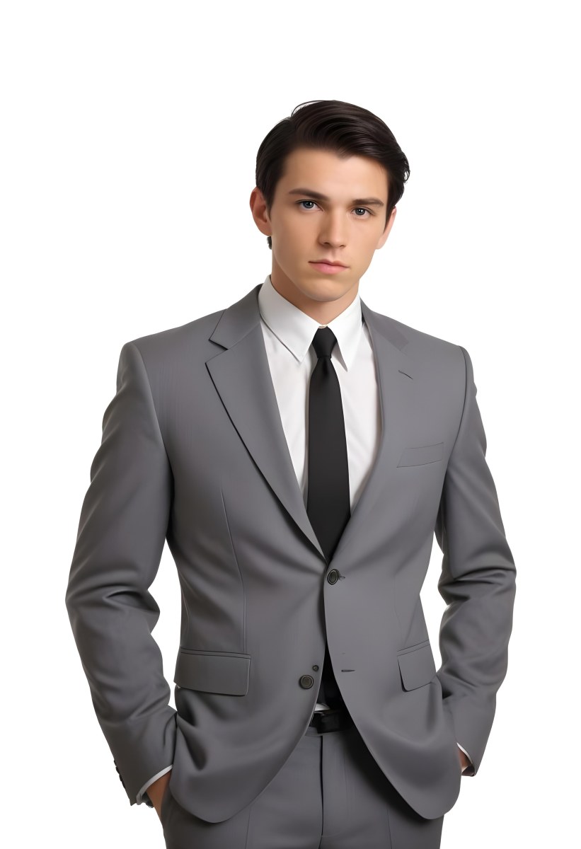 A Young Caucasian Male Approximately 25 Years Old With Short Black Hair Wearing A Gray Suit With A White Dress Shirt And A Black Tie He Has A Serious Expression And Is Standing With His Hands On His Hips Against A Pl 49 21cf