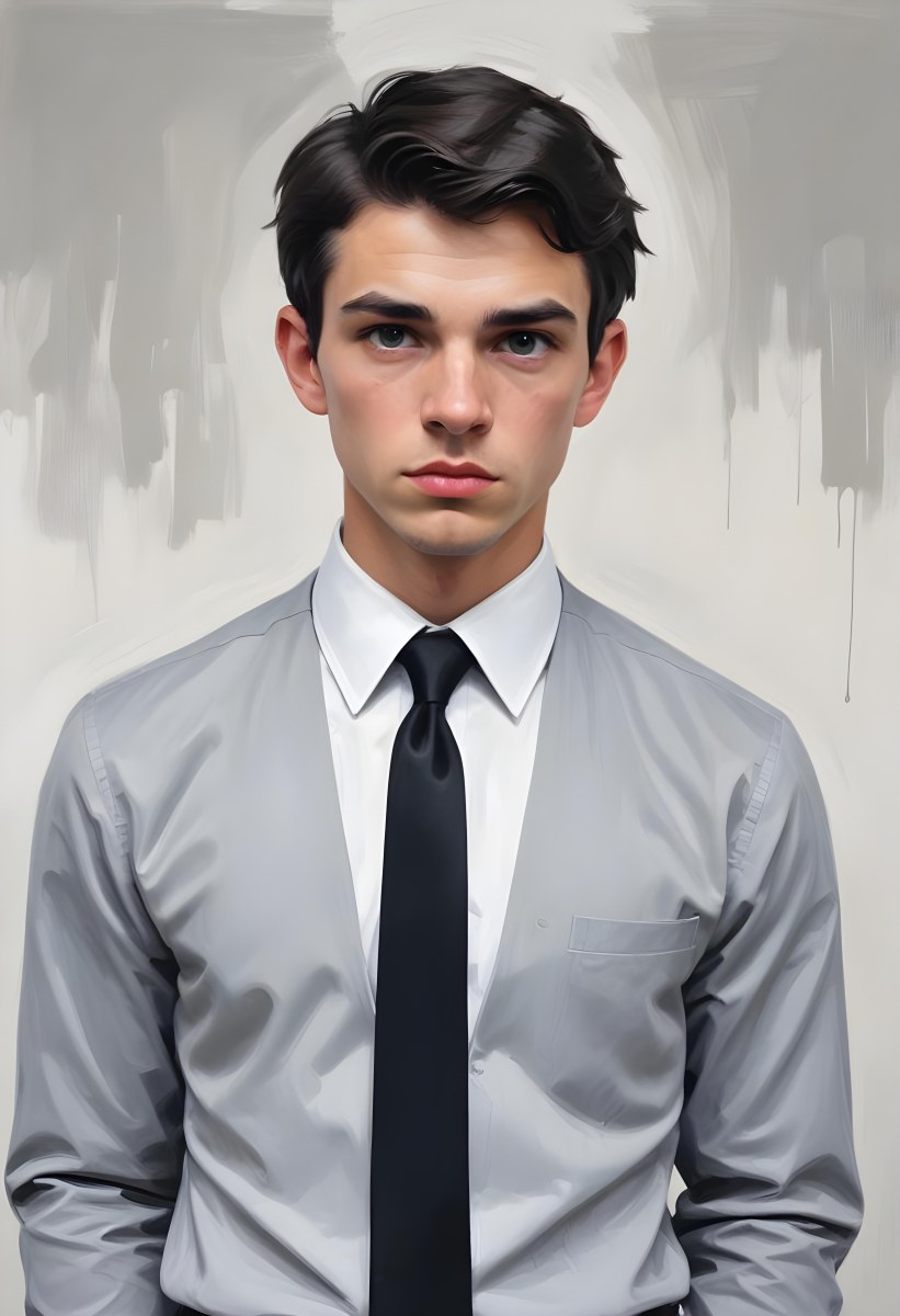 A Young Caucasian Male Approximately 25 Years Old With Short Black Hair Wearing A Gray Suit With A White Dress Shirt And A Black Tie He Has A Serious Expression And Is Standing With His Hands On His Hips Against A Pl 5 A471