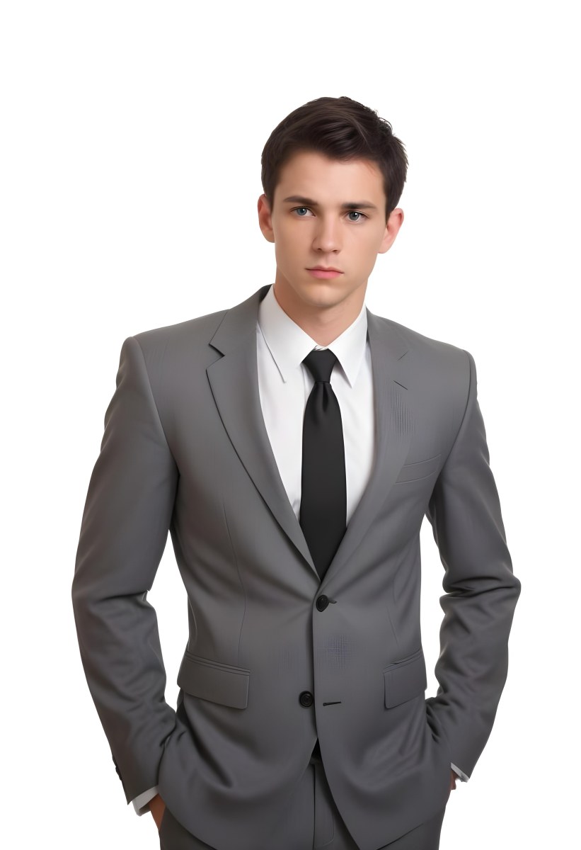 A Young Caucasian Male Approximately 25 Years Old With Short Black Hair Wearing A Gray Suit With A White Dress Shirt And A Black Tie He Has A Serious Expression And Is Standing With His Hands On His Hips Against A Pl 51 6bc2
