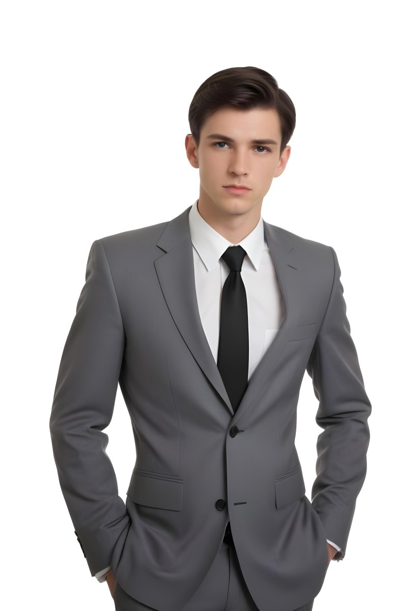 A Young Caucasian Male Approximately 25 Years Old With Short Black Hair Wearing A Gray Suit With A White Dress Shirt And A Black Tie He Has A Serious Expression And Is Standing With His Hands On His Hips Against A Pl 52 Ad4b