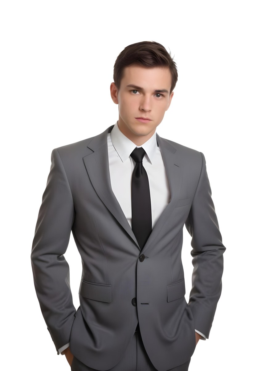 A Young Caucasian Male Approximately 25 Years Old With Short Black Hair Wearing A Gray Suit With A White Dress Shirt And A Black Tie He Has A Serious Expression And Is Standing With His Hands On His Hips Against A Pl 55 Ed6c
