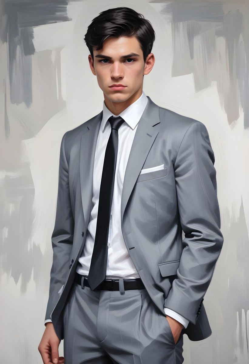 A Young Caucasian Male Approximately 25 Years Old With Short Black Hair Wearing A Gray Suit With A White Dress Shirt And A Black Tie He Has A Serious Expression And Is Standing With His Hands On His Hips Against A Pl 6 F684