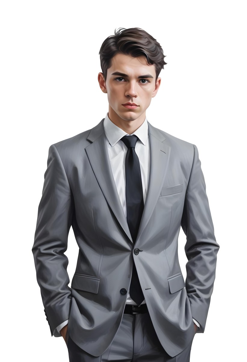 A Young Caucasian Male Approximately 25 Years Old With Short Black Hair Wearing A Gray Suit With A White Dress Shirt And A Black Tie He Has A Serious Expression And Is Standing With His Hands On His Hips Against A Pl 7 C049