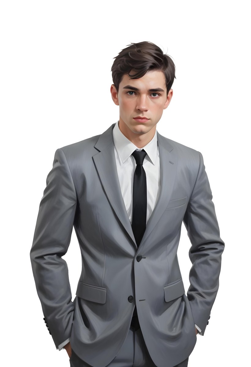 A Young Caucasian Male Approximately 25 Years Old With Short Black Hair Wearing A Gray Suit With A White Dress Shirt And A Black Tie He Has A Serious Expression And Is Standing With His Hands On His Hips Against A Pl 9 Ae5c