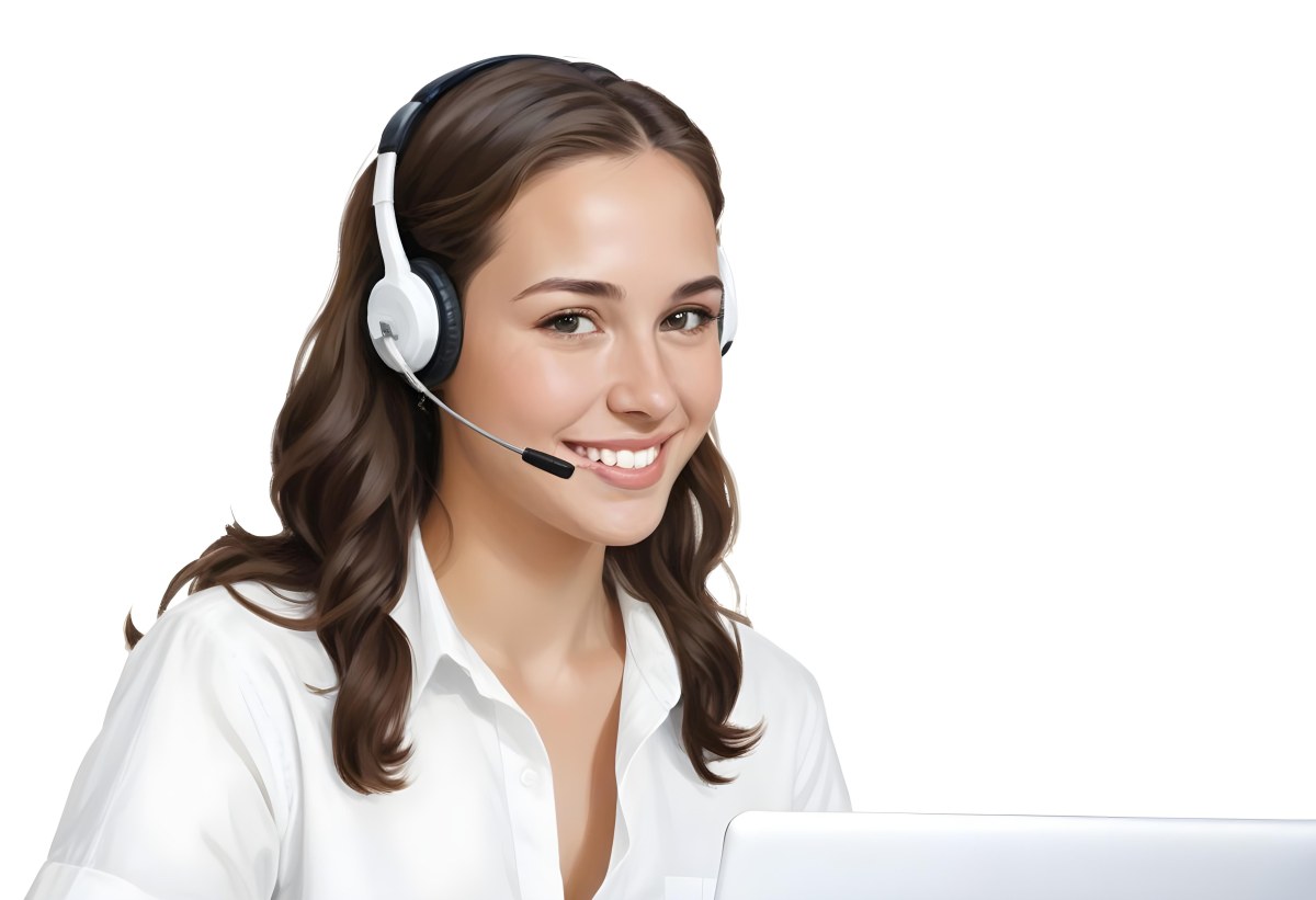A Young Caucasian Woman Approximately 25 Years Old With Long Wavy Brown Hair Wearing A White Shirt And A Headset With A Microphone She Is Smiling And Looking Directly At The Camera With A Laptop Visible In The Foreg 10 3546