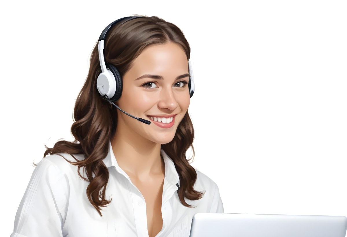 A Young Caucasian Woman Approximately 25 Years Old With Long Wavy Brown Hair Wearing A White Shirt And A Headset With A Microphone She Is Smiling And Looking Directly At The Camera With A Laptop Visible In The Foreg 13 D4ef