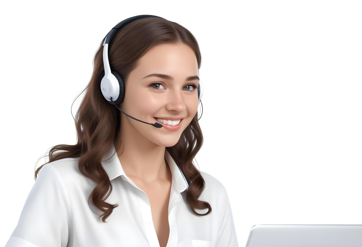 A Young Caucasian Woman Approximately 25 Years Old With Long Wavy Brown Hair Wearing A White Shirt And A Headset With A Microphone She Is Smiling And Looking Directly At The Camera With A Laptop Visible In The Foreg 20 31b9