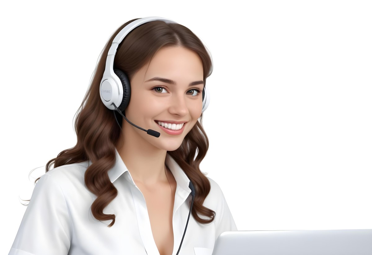 A Young Caucasian Woman Approximately 25 Years Old With Long Wavy Brown Hair Wearing A White Shirt And A Headset With A Microphone She Is Smiling And Looking Directly At The Camera With A Laptop Visible In The Foreg 27 5391