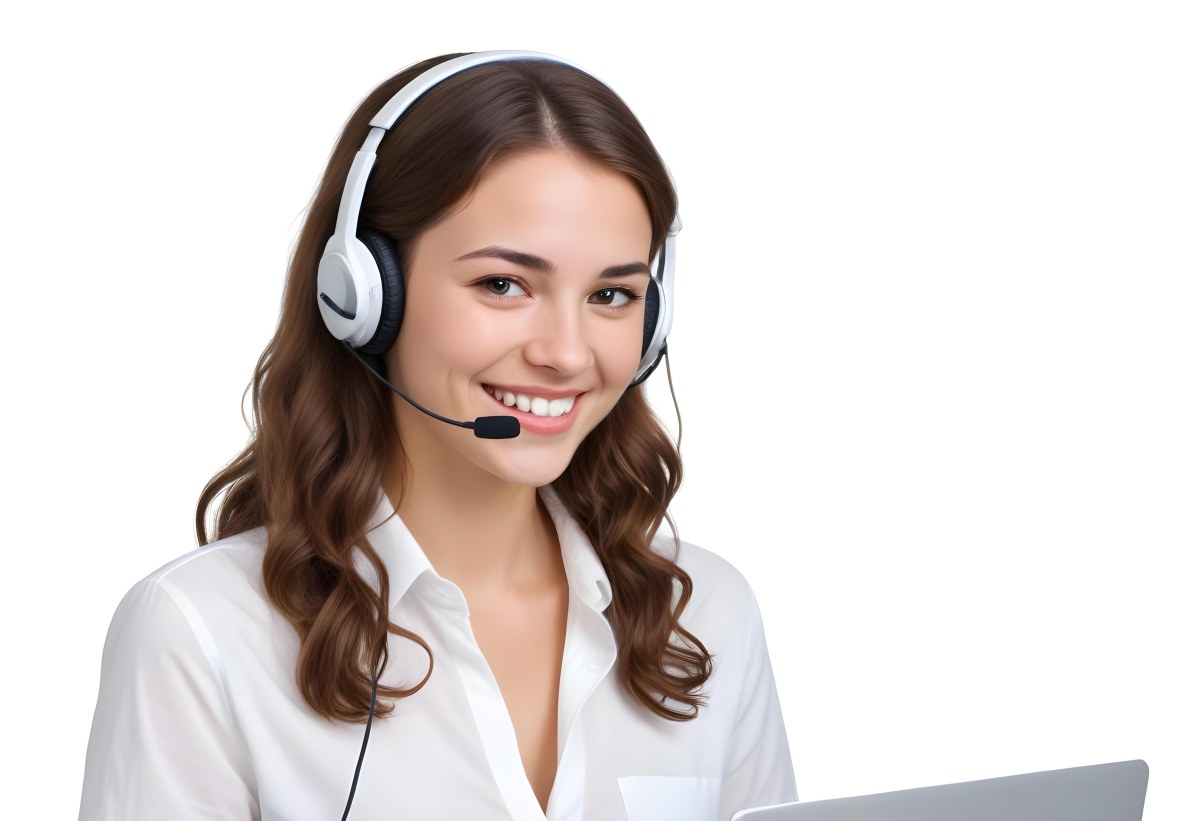 A Young Caucasian Woman Approximately 25 Years Old With Long Wavy Brown Hair Wearing A White Shirt And A Headset With A Microphone She Is Smiling And Looking Directly At The Camera With A Laptop Visible In The Foreg 31 9417