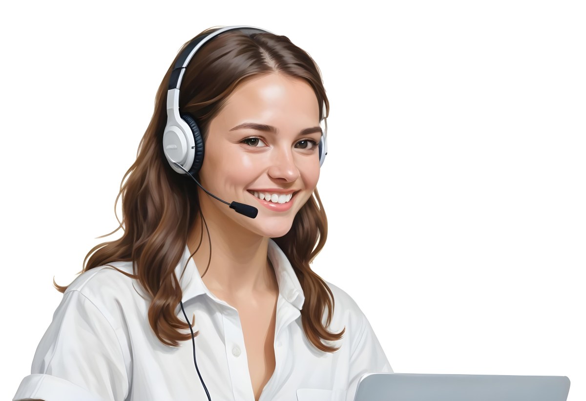 A Young Caucasian Woman Approximately 25 Years Old With Long Wavy Brown Hair Wearing A White Shirt And A Headset With A Microphone She Is Smiling And Looking Directly At The Camera With A Laptop Visible In The Foreg 4 1926