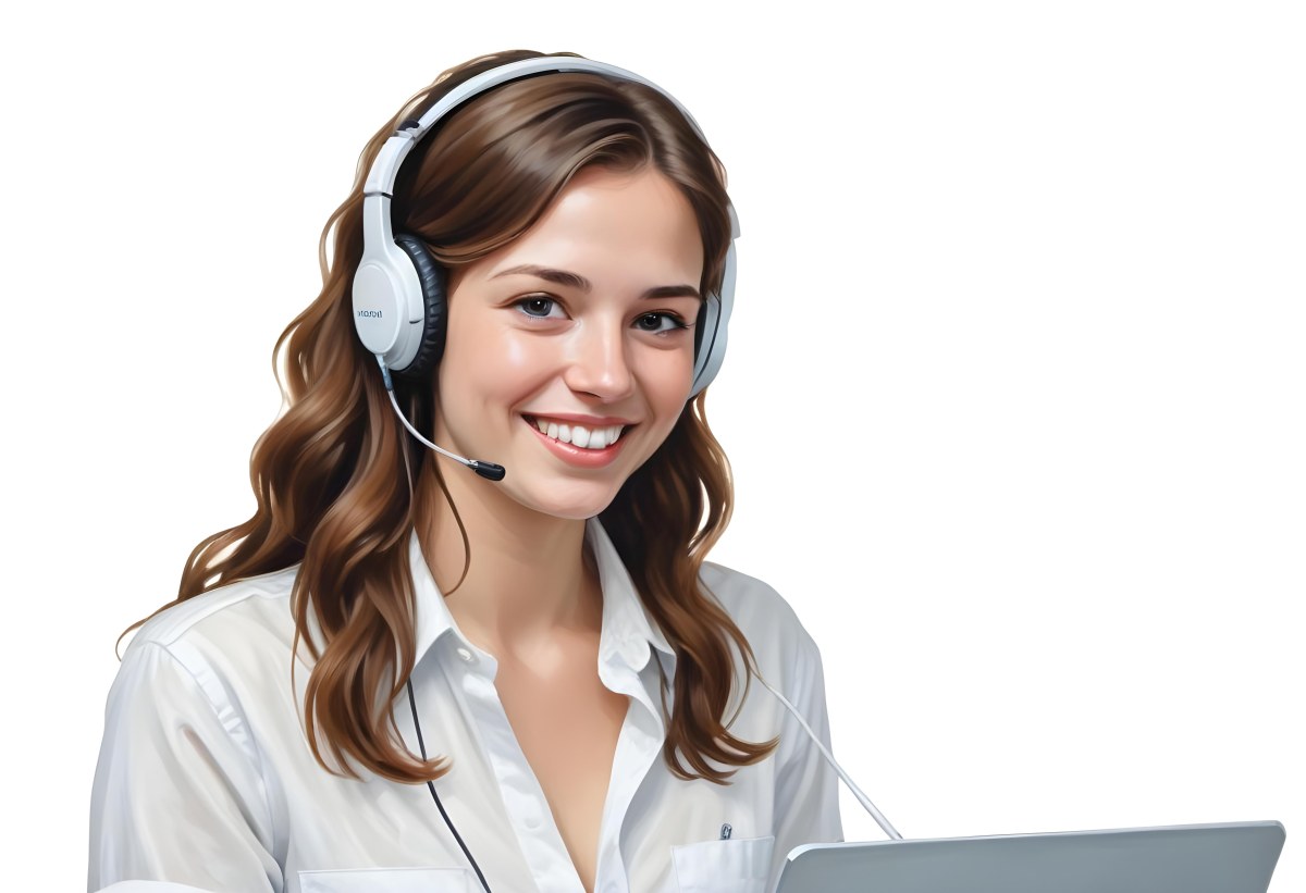 A Young Caucasian Woman Approximately 25 Years Old With Long Wavy Brown Hair Wearing A White Shirt And A Headset With A Microphone She Is Smiling And Looking Directly At The Camera With A Laptop Visible In The Foreg 5 57fd