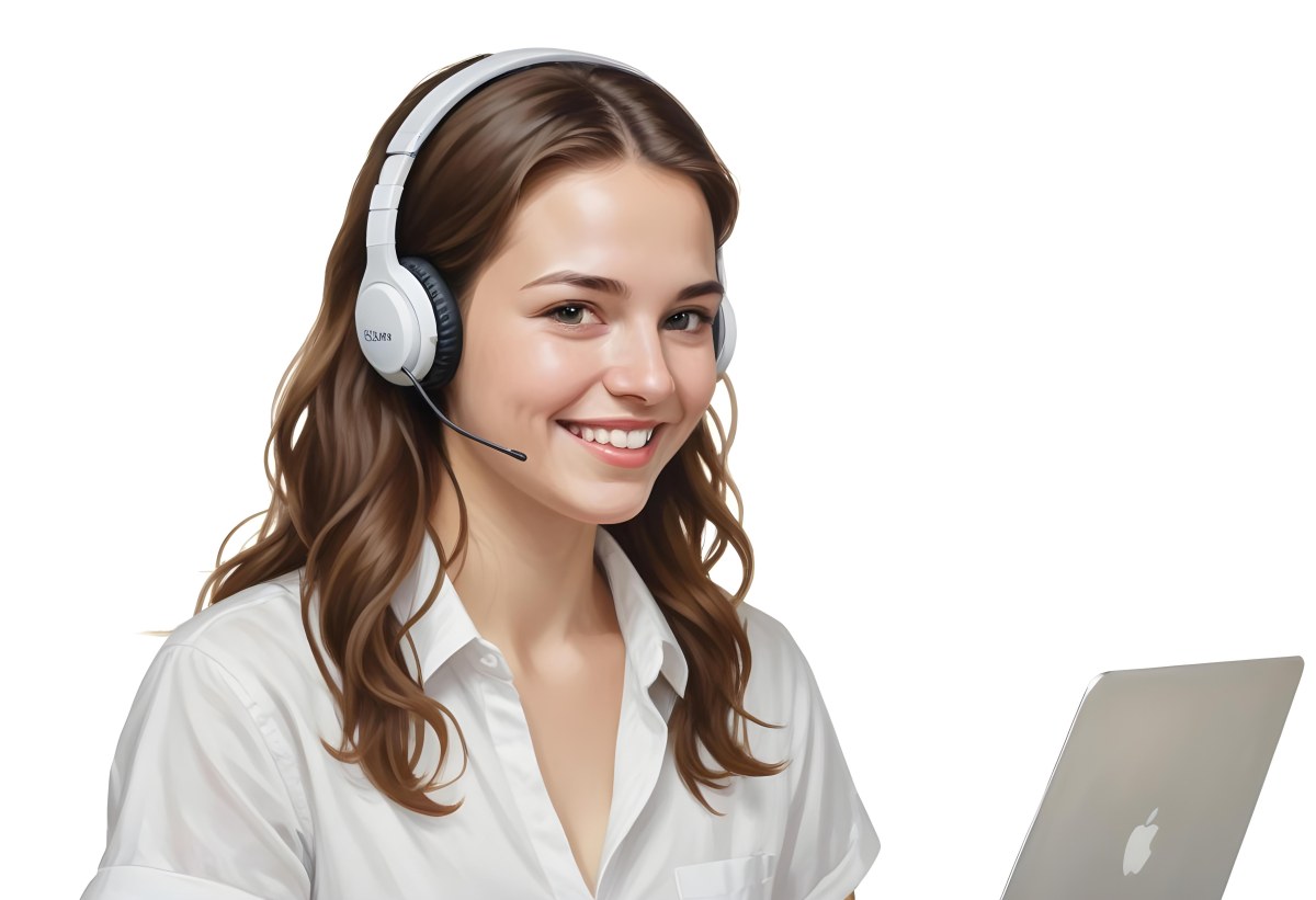 A Young Caucasian Woman Approximately 25 Years Old With Long Wavy Brown Hair Wearing A White Shirt And A Headset With A Microphone She Is Smiling And Looking Directly At The Camera With A Laptop Visible In The Foreg 6 8970