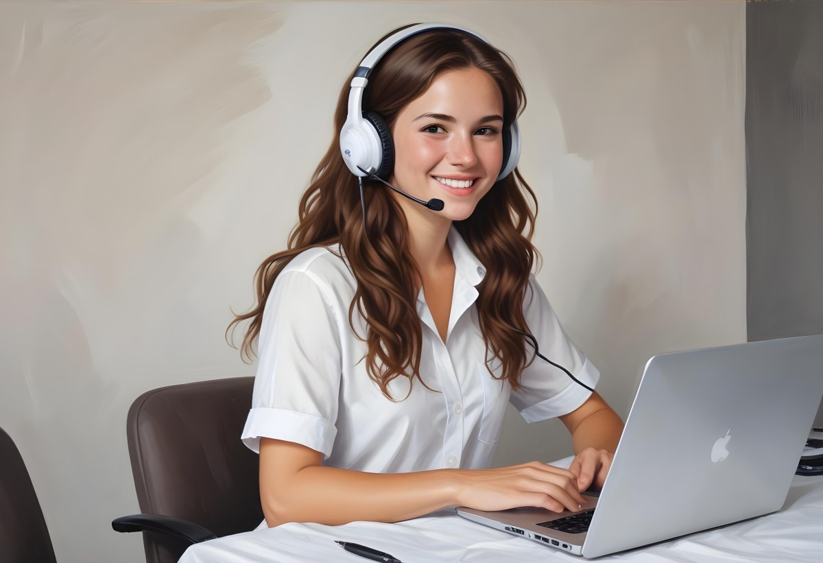 A Young Caucasian Woman Approximately 25 Years Old With Long Wavy Brown Hair Wearing A White Shirt And A Headset With A Microphone She Is Smiling And Looking Directly At The Camera With A Laptop Visible In The Foreg 7 B3f5