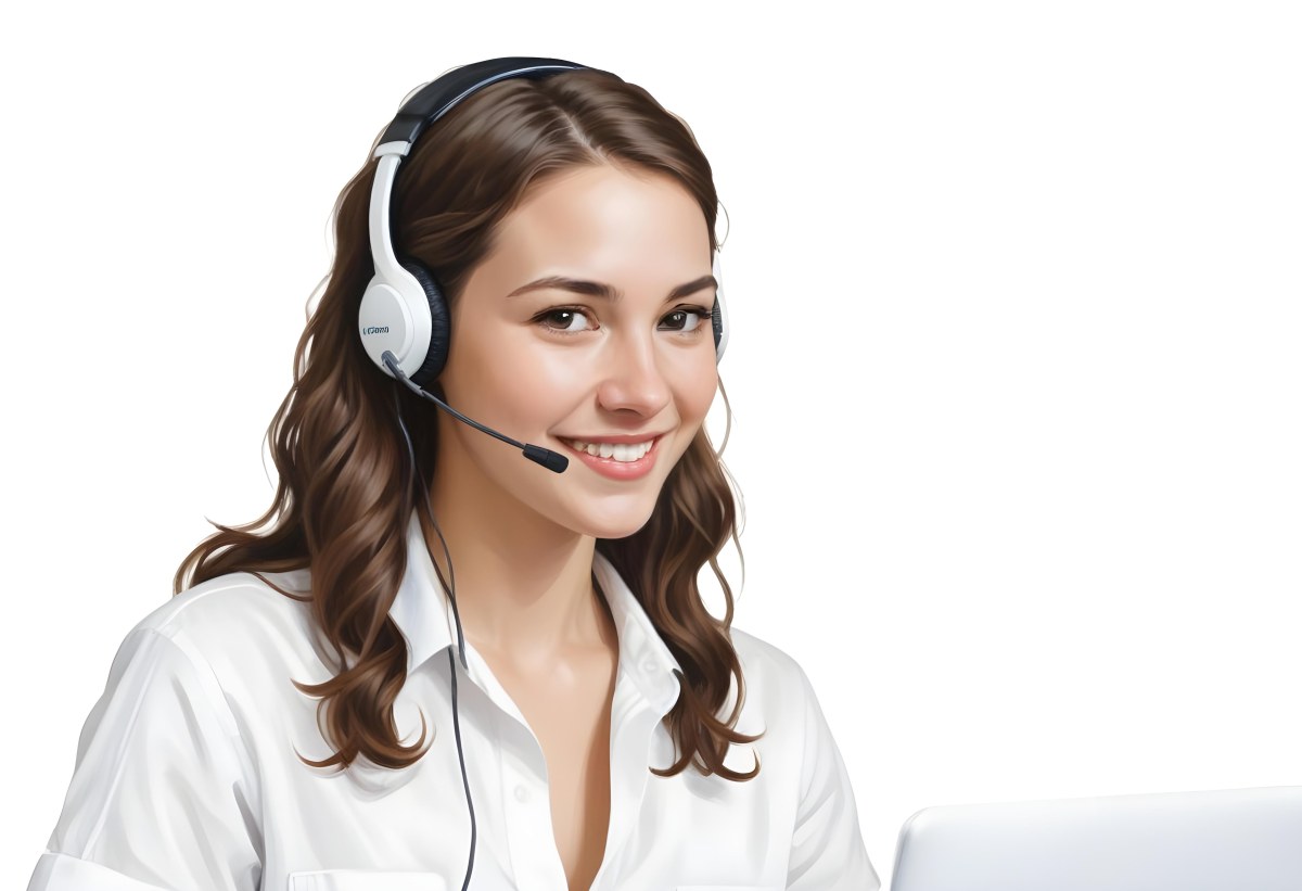 A Young Caucasian Woman Approximately 25 Years Old With Long Wavy Brown Hair Wearing A White Shirt And A Headset With A Microphone She Is Smiling And Looking Directly At The Camera With A Laptop Visible In The Foreg 8 415d