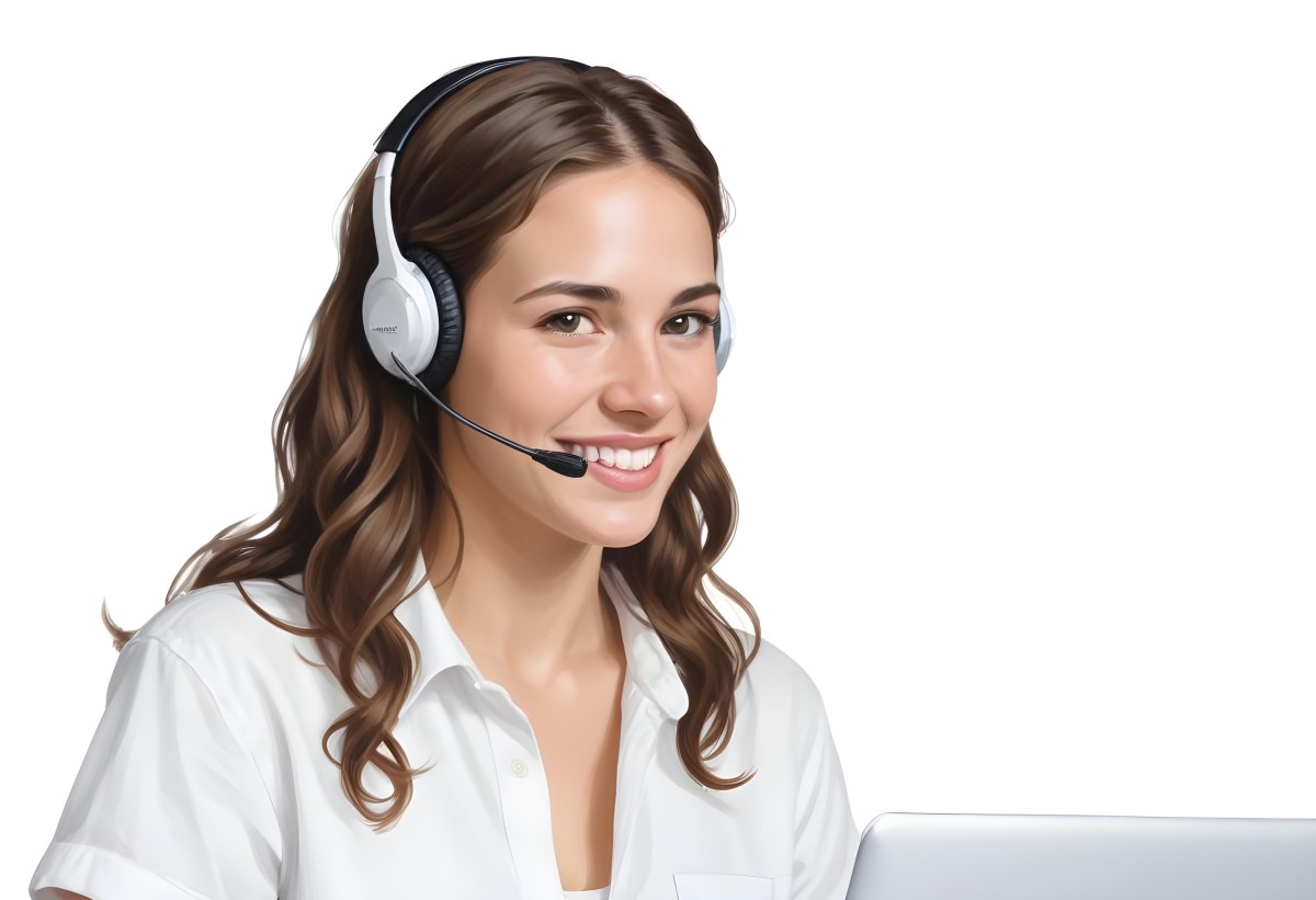 A Young Caucasian Woman Approximately 25 Years Old With Long Wavy Brown Hair Wearing A White Shirt And A Headset With A Microphone She Is Smiling And Looking Directly At The Camera With A Laptop Visible In The Foreg 9 9ff3