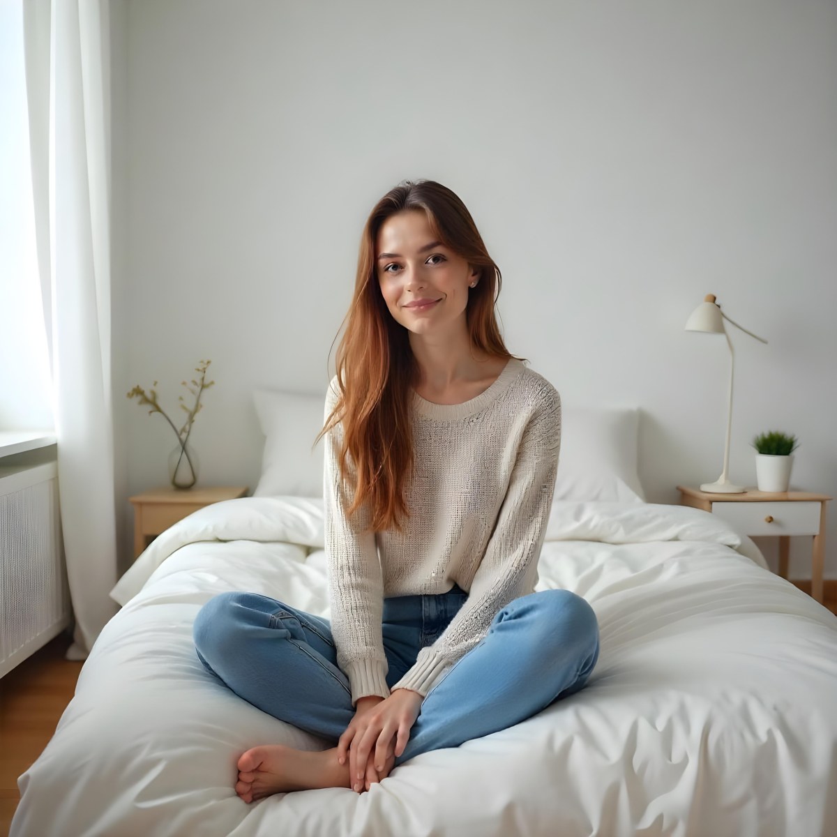 A Young Caucasian Woman With Long Brown Hair Sitting On A Bed 15 8cf3