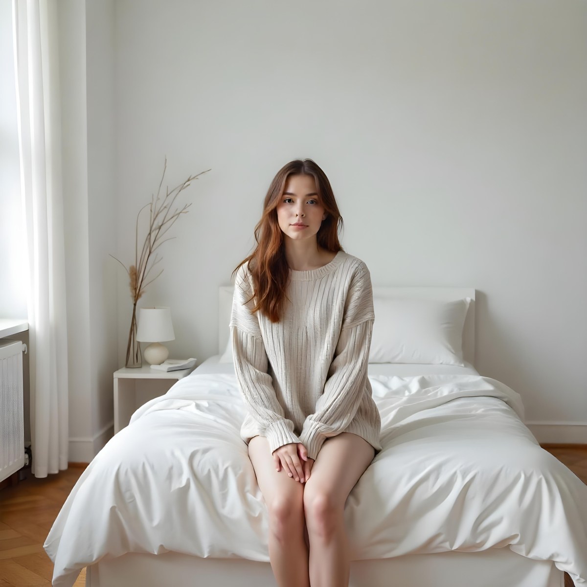 A Young Caucasian Woman With Long Brown Hair Sitting On A Bed 17 A2e7