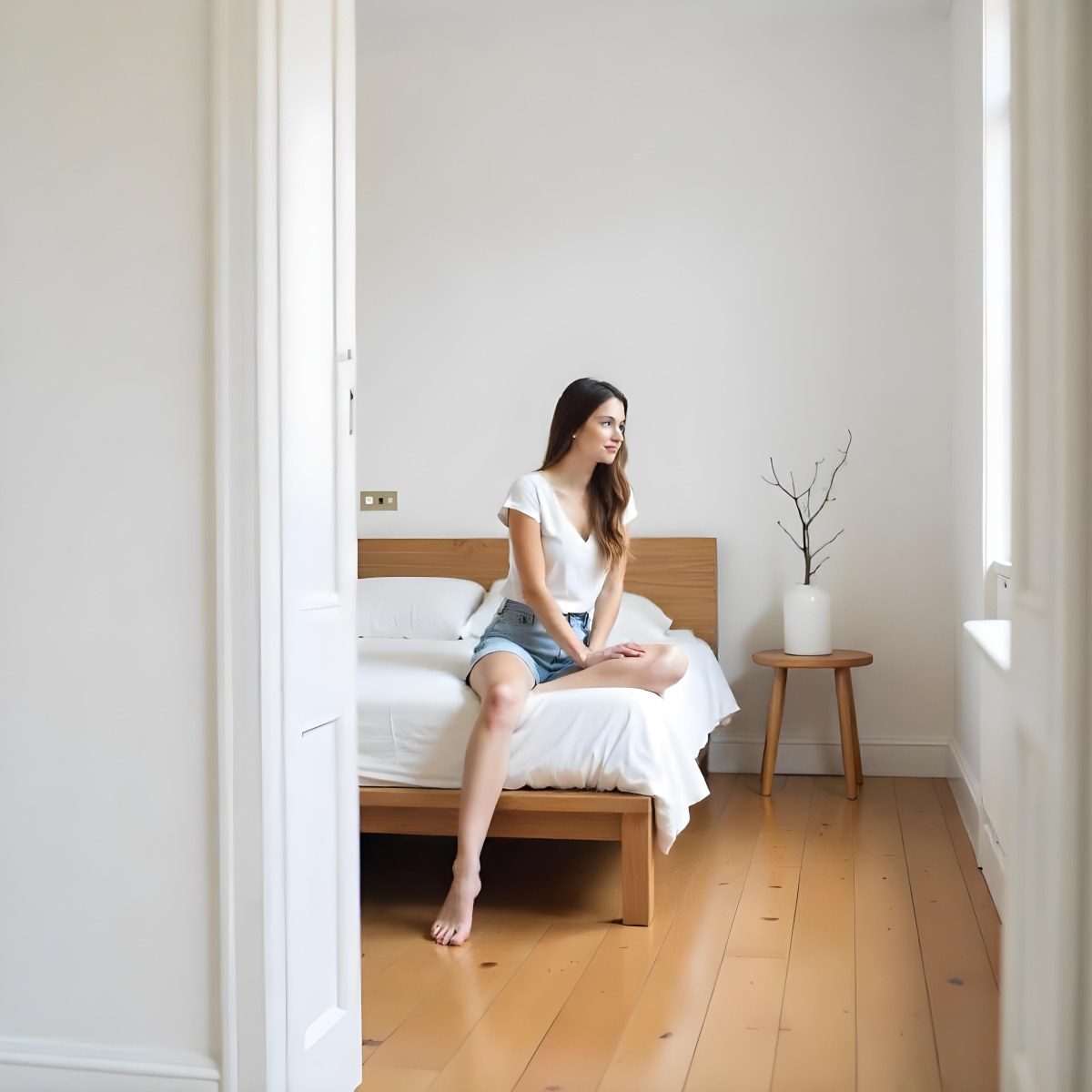 A Young Caucasian Woman With Long Brown Hair Sitting On A Bed 21 43b4