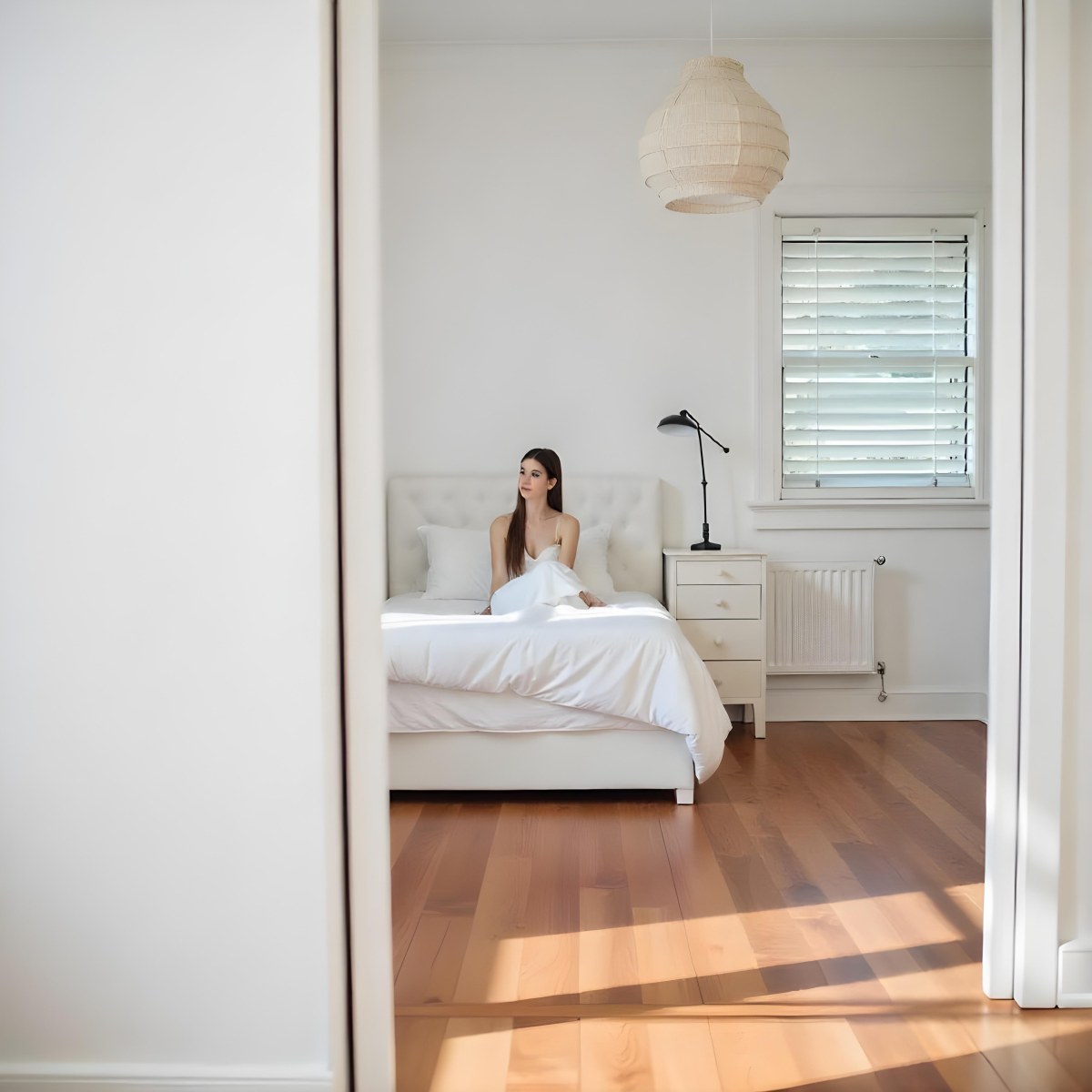 A Young Caucasian Woman With Long Brown Hair Sitting On A Bed 22 63f6