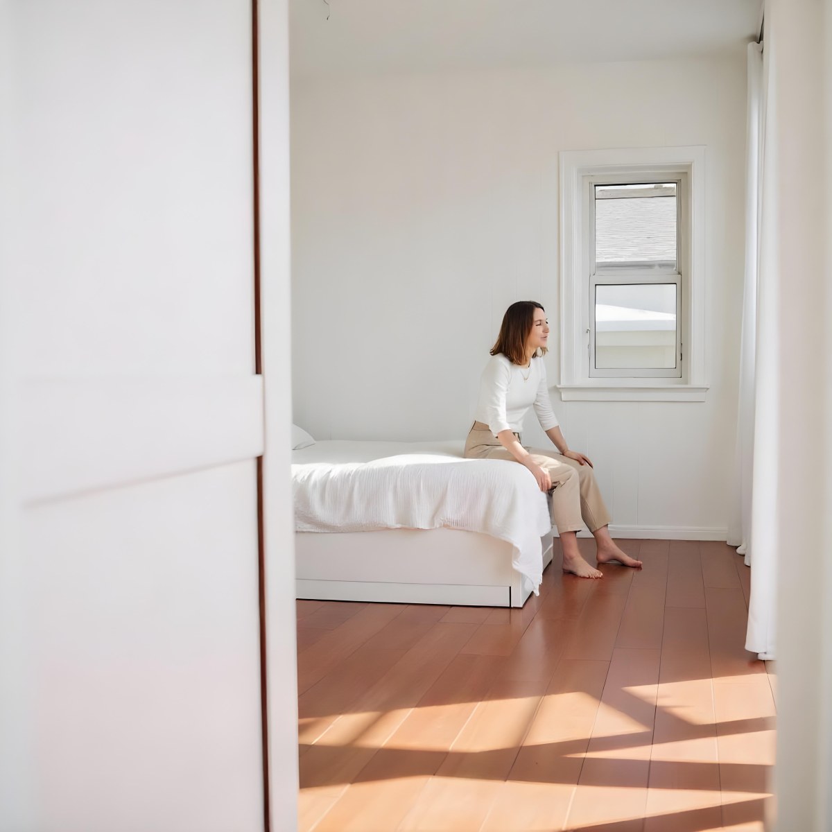 A Young Caucasian Woman With Long Brown Hair Sitting On A Bed 24 62cc