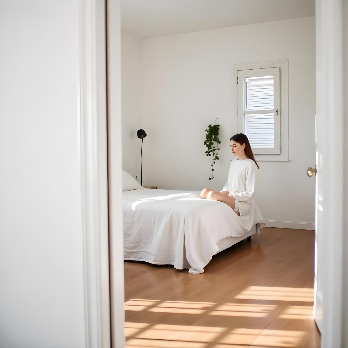 A Young Caucasian Woman With Long Brown Hair Sitting On A Bed 25 5034